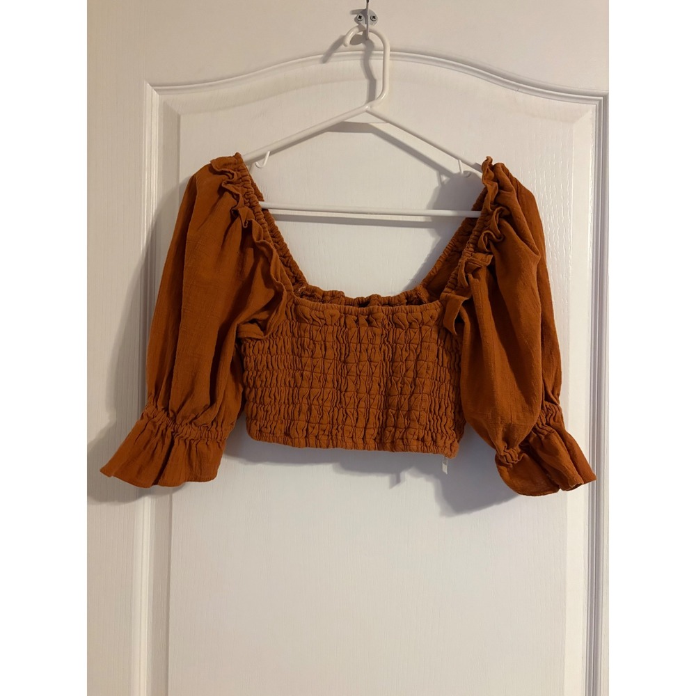 Free People Smocked Crop Top Small Orange Excellent Puff Sleeve Ruffle Boho